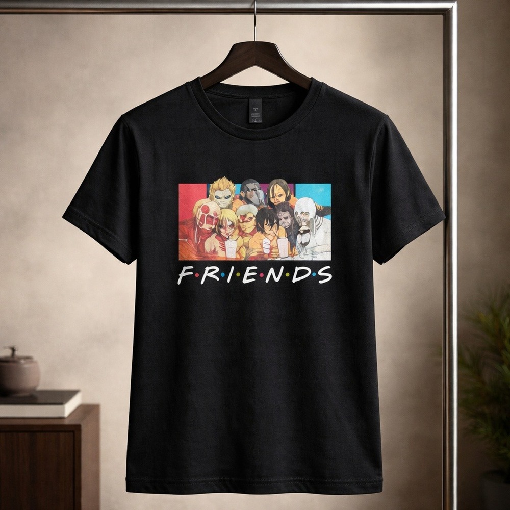 Attack on Titan Friends Parody Graphic T-Shirt Black Womens Small Anime Tee